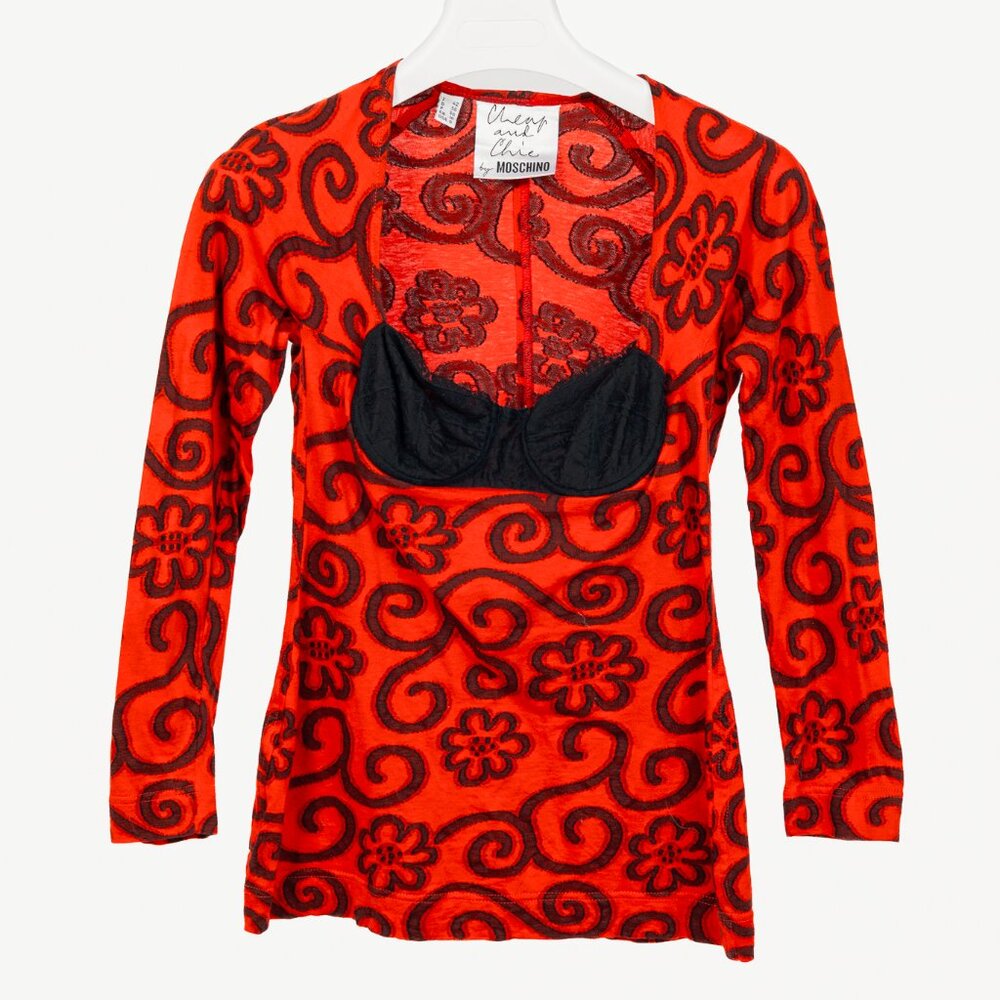 Moschino Cheap and Chic Red Floral-Jacquard Cotton Bustier Top